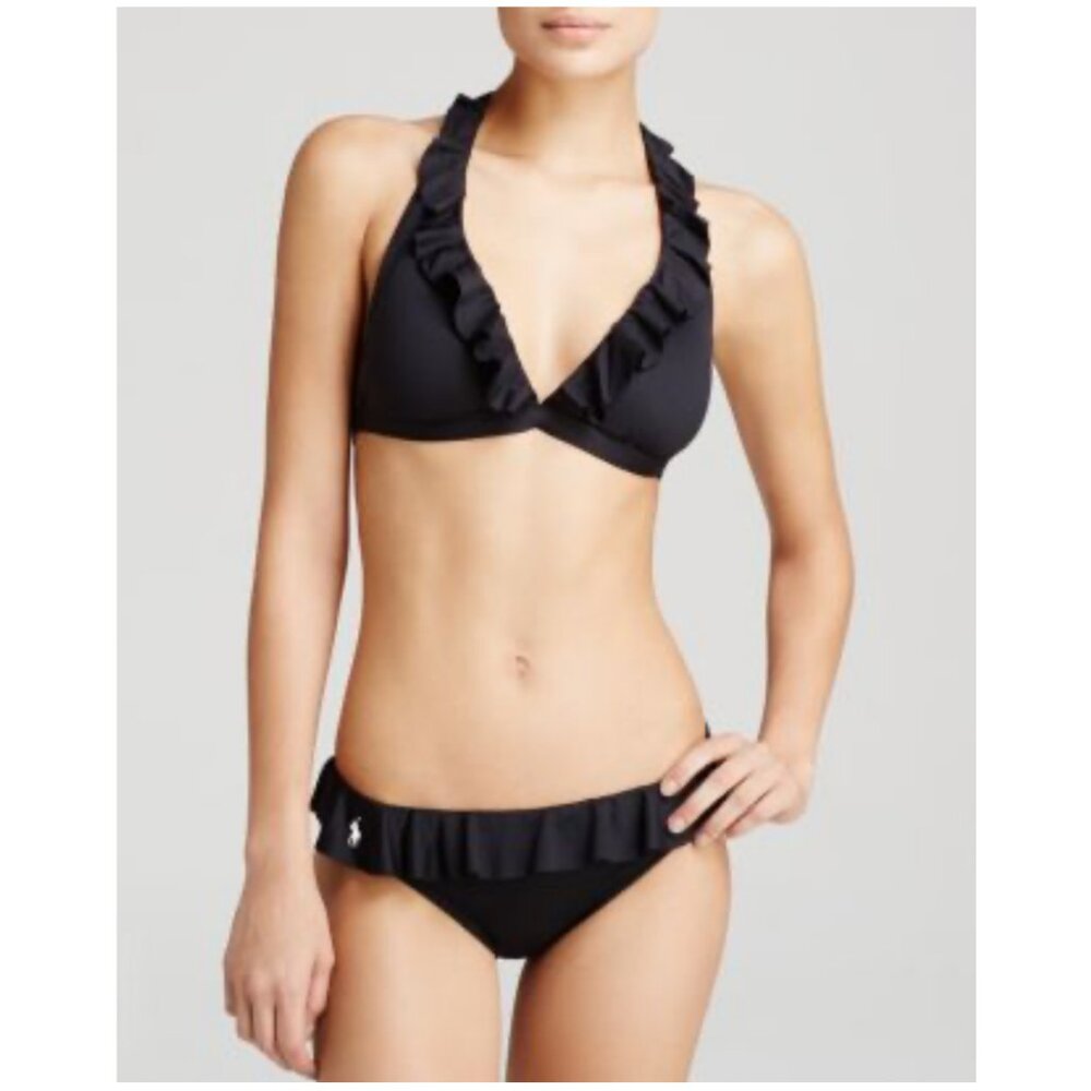 Ralph Lauren Black Ruffled Halter Hipster Bottom Bikini Set, Top L, Bottom M